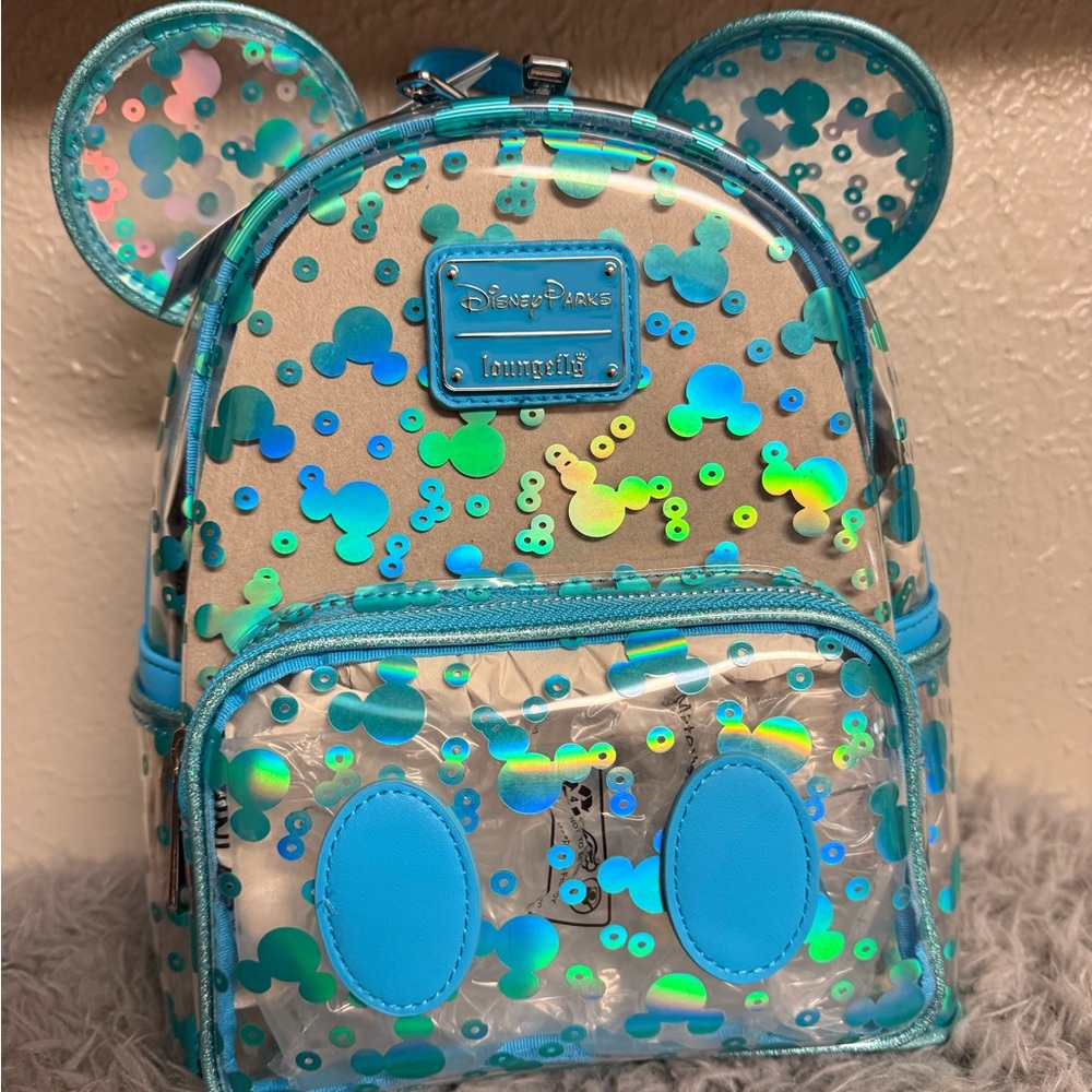 Disney Parks Mickey Mouse Icon Clear & Blue Sequin Loungefly Backpack